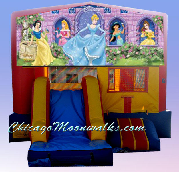 Disney Princess Bouncer Rental Chicago & Suburbs Illinois.  Inflatable Jumper Features a Slide & Basketball Hoop.  Delight Your Little Princess with this Awesome Moon Jump.  Characters Featured are Snow White, Sleeping Beauty, Cinderella, Jazmin & Belle. 